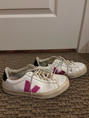 Veja V-10 Leather Sneakers in White with Pink Logo